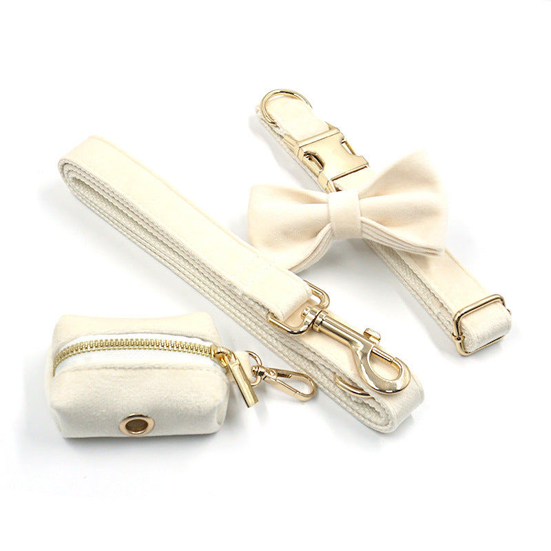 KFX-5428797 Pink Velvet Four-Piece Pet Collar Set with Bowknot and Leash