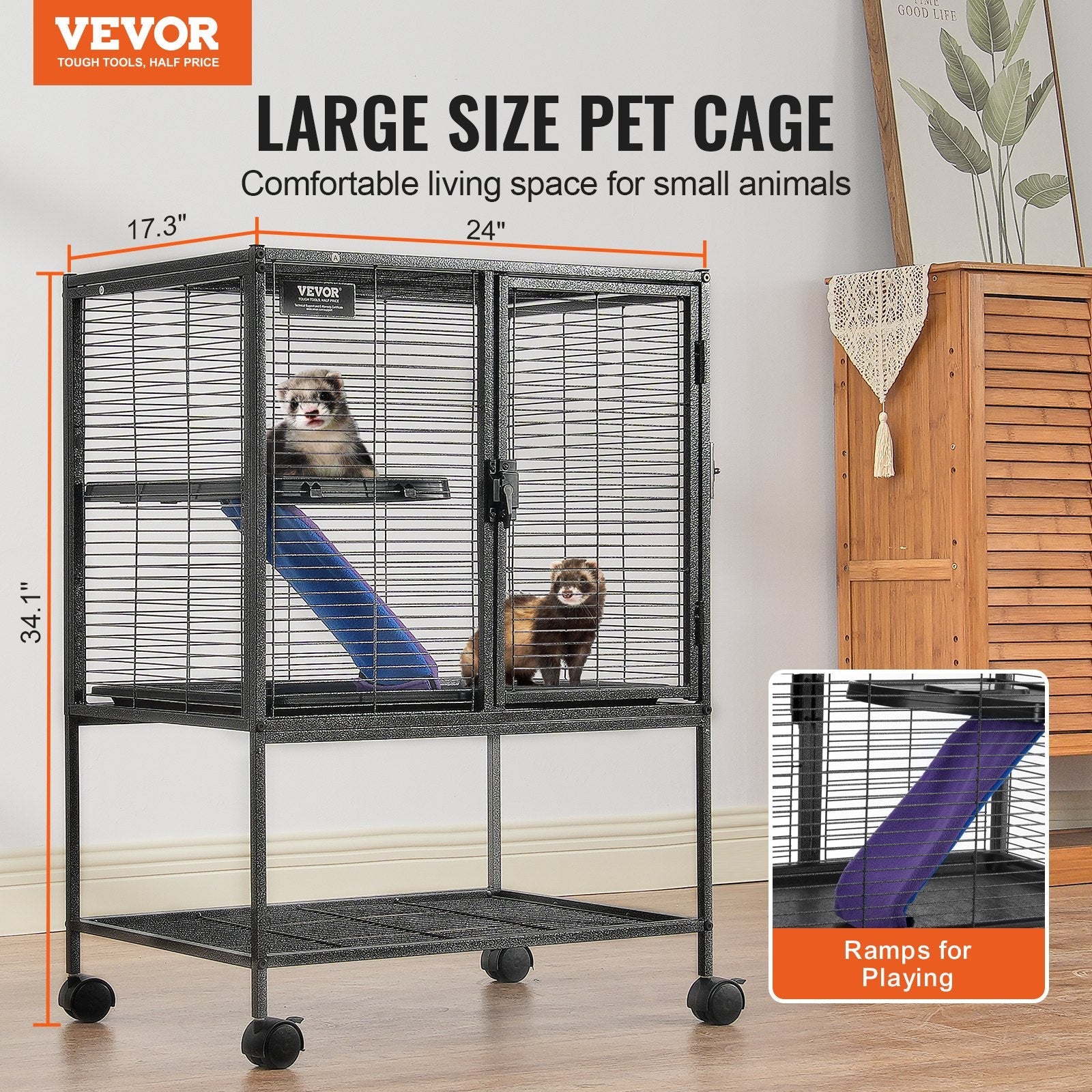 KFX-5438397 34-Inch Two-Tier Ferret Cage with Rolling Tray and Non-Slip Ramp for Small Animals