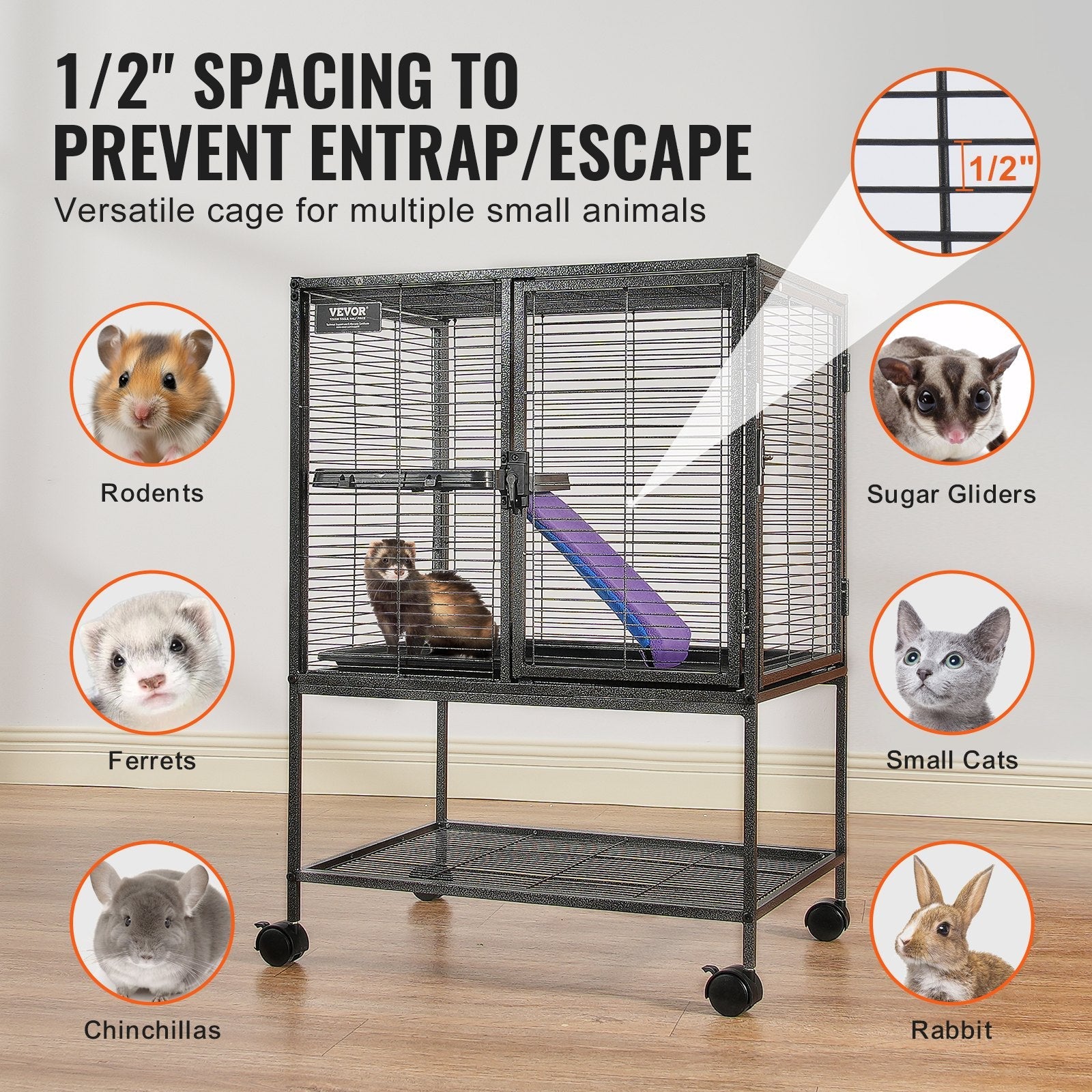 KFX-5438397 34-Inch Two-Tier Ferret Cage with Rolling Tray and Non-Slip Ramp for Small Animals