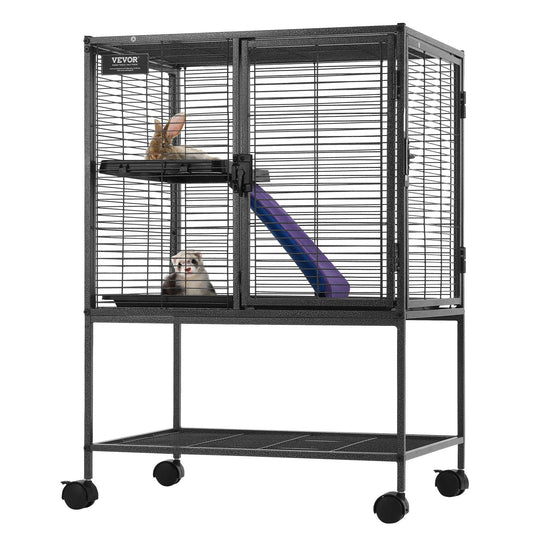 KFX-5438397 34-Inch Two-Tier Ferret Cage with Rolling Tray and Non-Slip Ramp for Small Animals