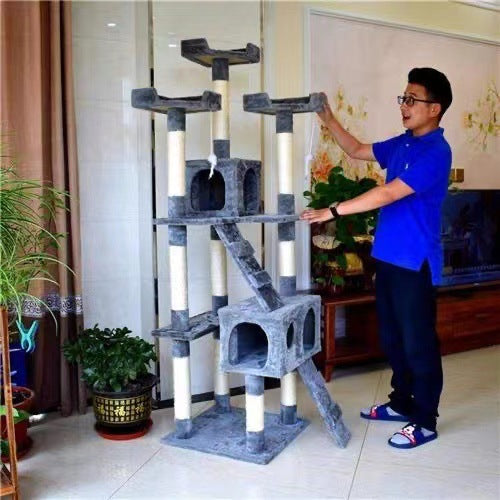 KFX-5443773 Large Dark Gray Cat Tree with Climbing Frame and Jumping Platform, Wooden Construction