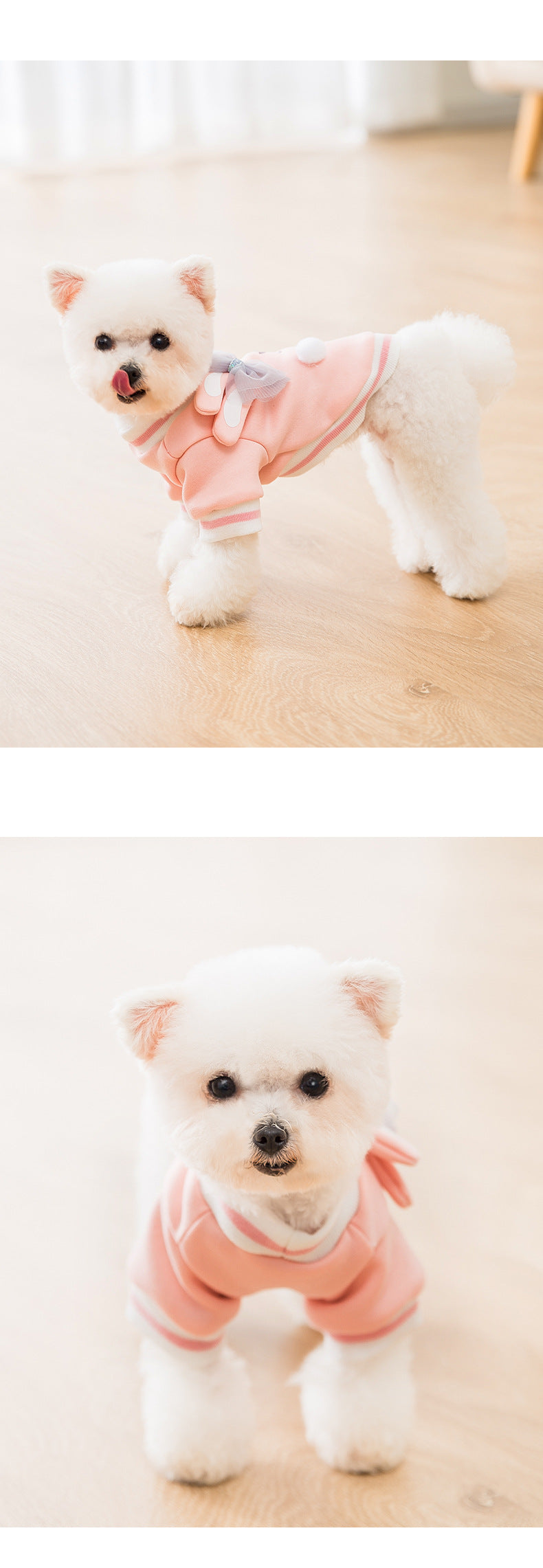 KFX-5445565 Cute Cartoon Dog Sweater with Three-Dimensional Rabbit Ears and Mesh Bow in Sakura Pink Pastel