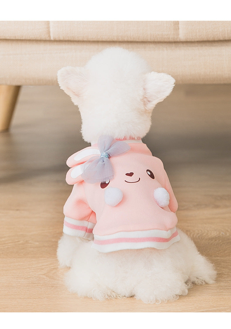 KFX-5445565 Cute Cartoon Dog Sweater with Three-Dimensional Rabbit Ears and Mesh Bow in Sakura Pink Pastel