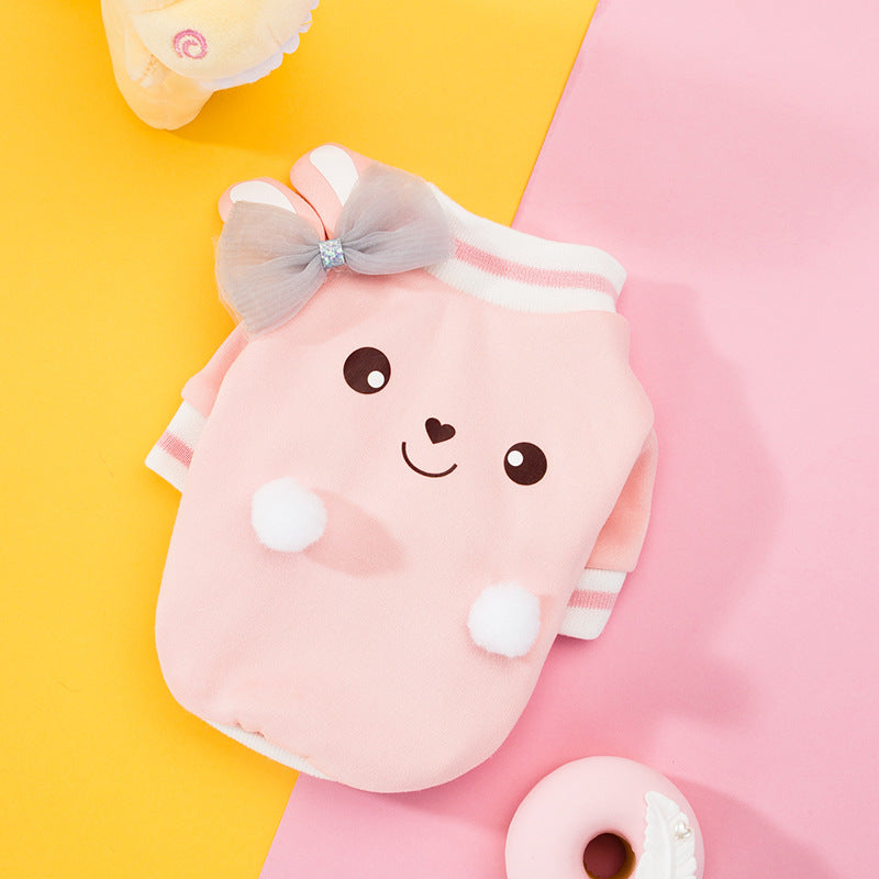 KFX-5445565 Cute Cartoon Dog Sweater with Three-Dimensional Rabbit Ears and Mesh Bow in Sakura Pink Pastel