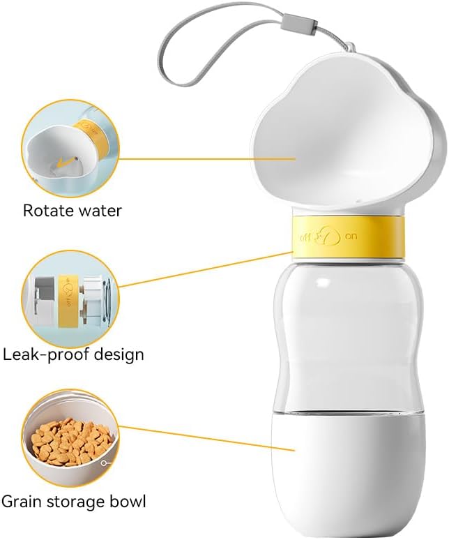 KFX-5447741 Portable Dog Water Bottle with Food Bowl, Leak-Proof, 550ml Capacity for Small Pets - Ideal for Travel and Outdoor Activities