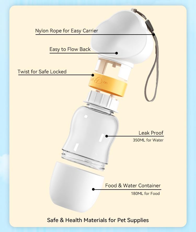 KFX-5447741 Portable Dog Water Bottle with Food Bowl, Leak-Proof, 550ml Capacity for Small Pets - Ideal for Travel and Outdoor Activities