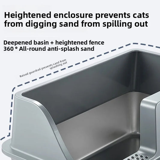 KFX-544787 Large Square Semi-Enclosed Cat Litter Tray with 20L Capacity, Stainless Steel, Odor Control, Eco-Friendly Design