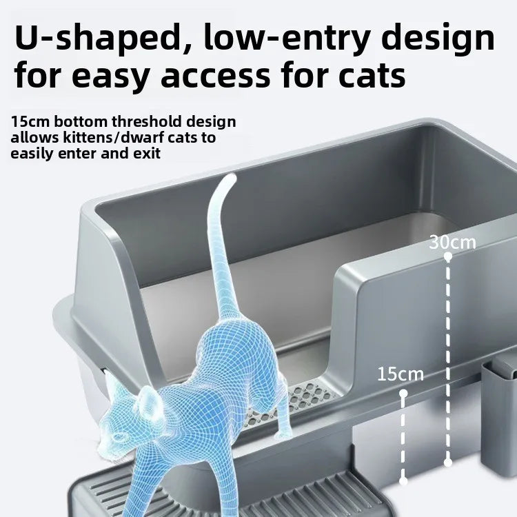 KFX-544787 Large Square Semi-Enclosed Cat Litter Tray with 20L Capacity, Stainless Steel, Odor Control, Eco-Friendly Design