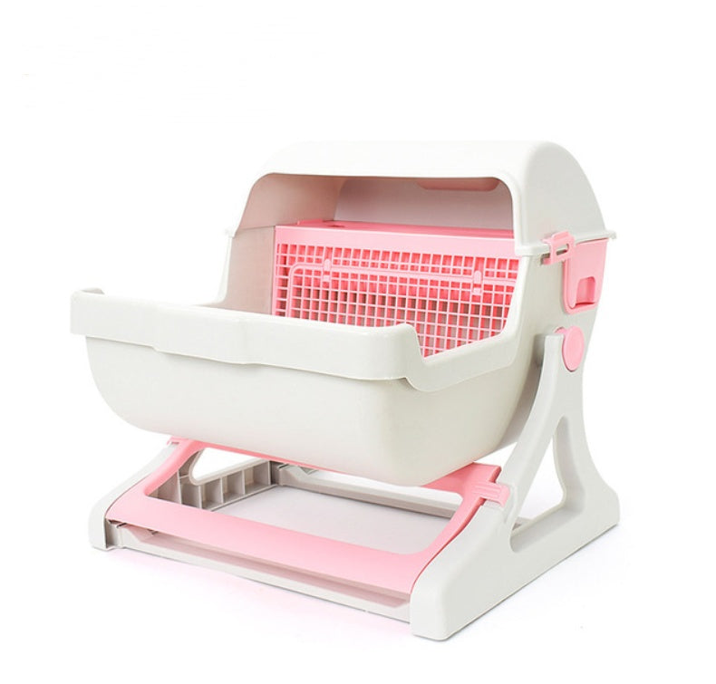 KFX-5451709 Semi-Enclosed Cat Litter Box with Tipping Bucket - Available in Beige, Green, and Pink