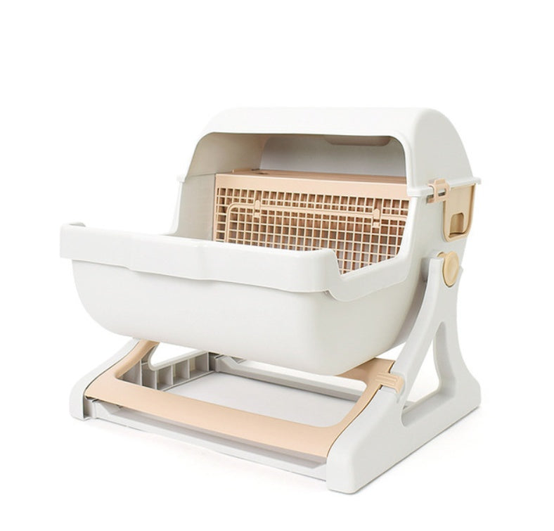 KFX-5451709 Semi-Enclosed Cat Litter Box with Tipping Bucket - Available in Beige, Green, and Pink