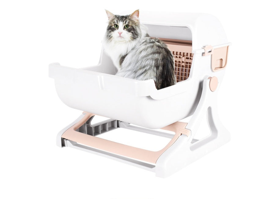 KFX-5451709 Semi-Enclosed Cat Litter Box with Tipping Bucket - Available in Beige, Green, and Pink