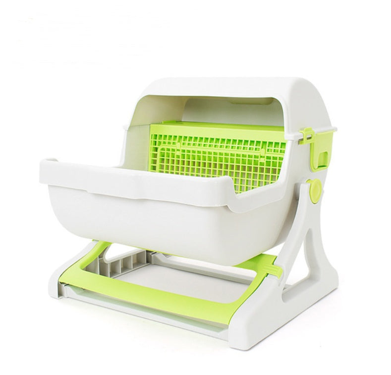 KFX-5451709 Semi-Enclosed Cat Litter Box with Tipping Bucket - Available in Beige, Green, and Pink
