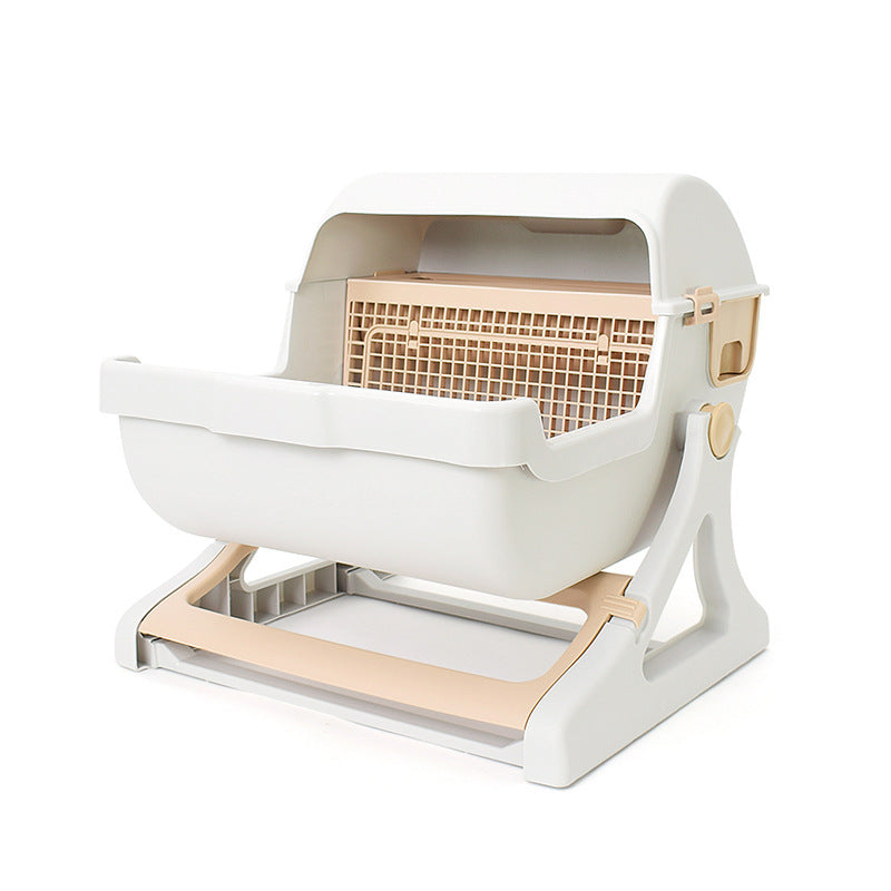 KFX-5451709 Semi-Enclosed Cat Litter Box with Tipping Bucket - Available in Beige, Green, and Pink