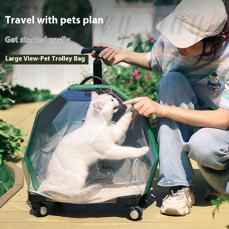 KFX-5452477 Transparent Portable Pet Trolley for Cats and Dogs - Medium Hard Luggage Case with Reinforced PC Pull Rod