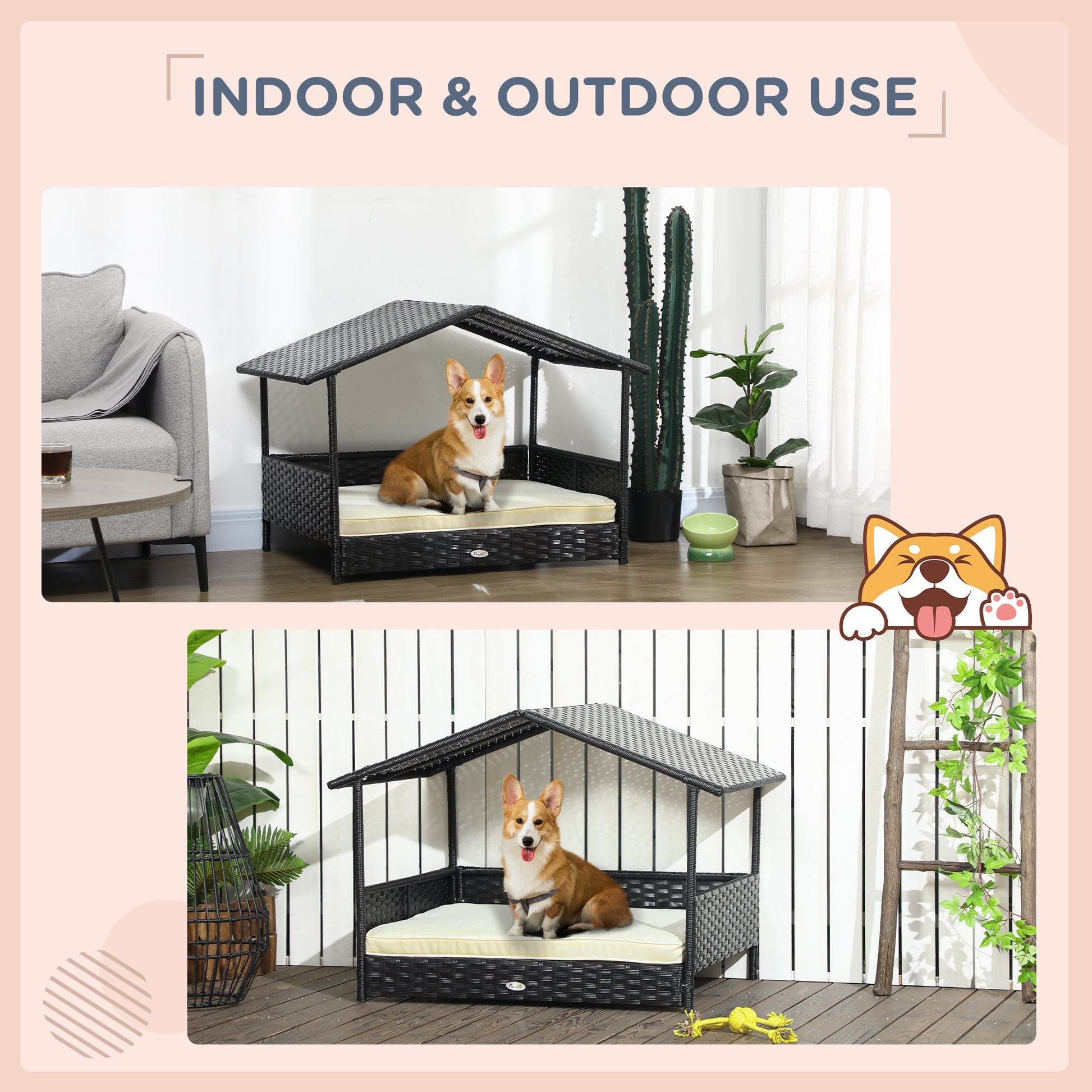KFX-5454653 Cream White Wicker Dog House with Removable Cushion for Small to Medium Pets