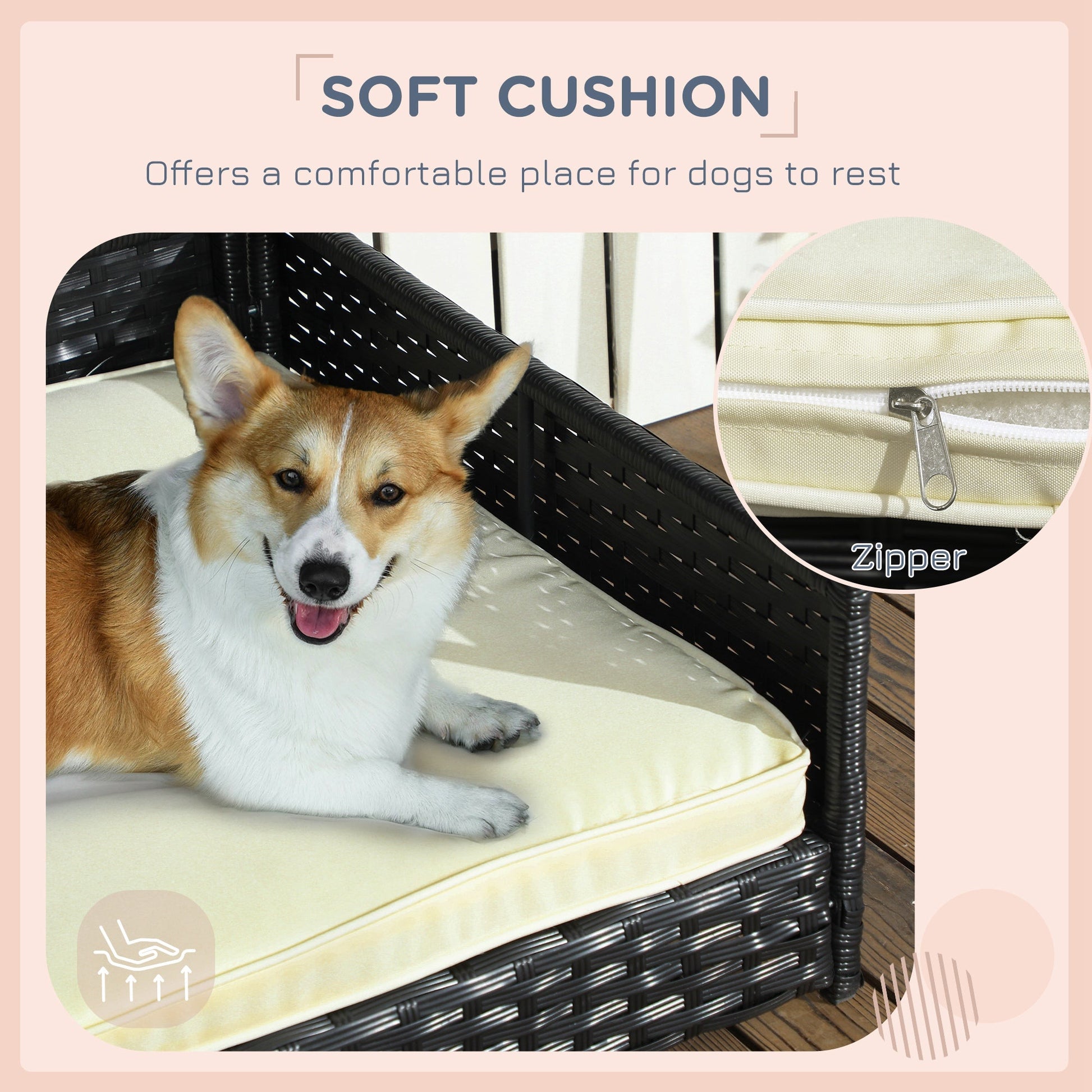 KFX-5454653 Cream White Wicker Dog House with Removable Cushion for Small to Medium Pets