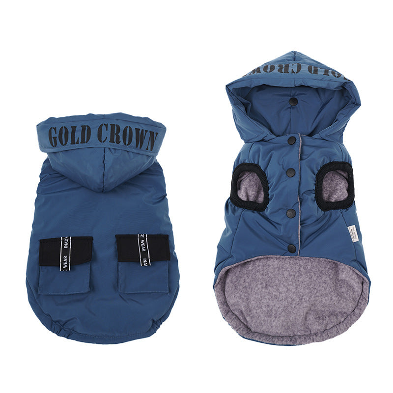KFX-5456573 Cozy Cotton Hooded Pet Dress for Autumn and Winter in Lake Blue, Milky White, Brick Red