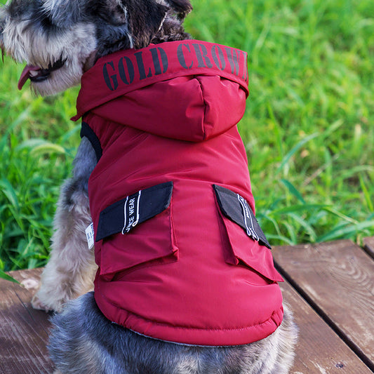 KFX-5456573 Cozy Cotton Hooded Pet Dress for Autumn and Winter in Lake Blue, Milky White, Brick Red