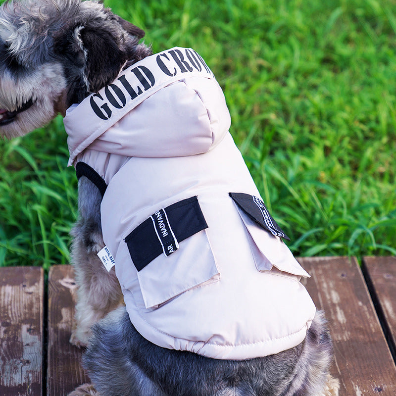 KFX-5456573 Cozy Cotton Hooded Pet Dress for Autumn and Winter in Lake Blue, Milky White, Brick Red