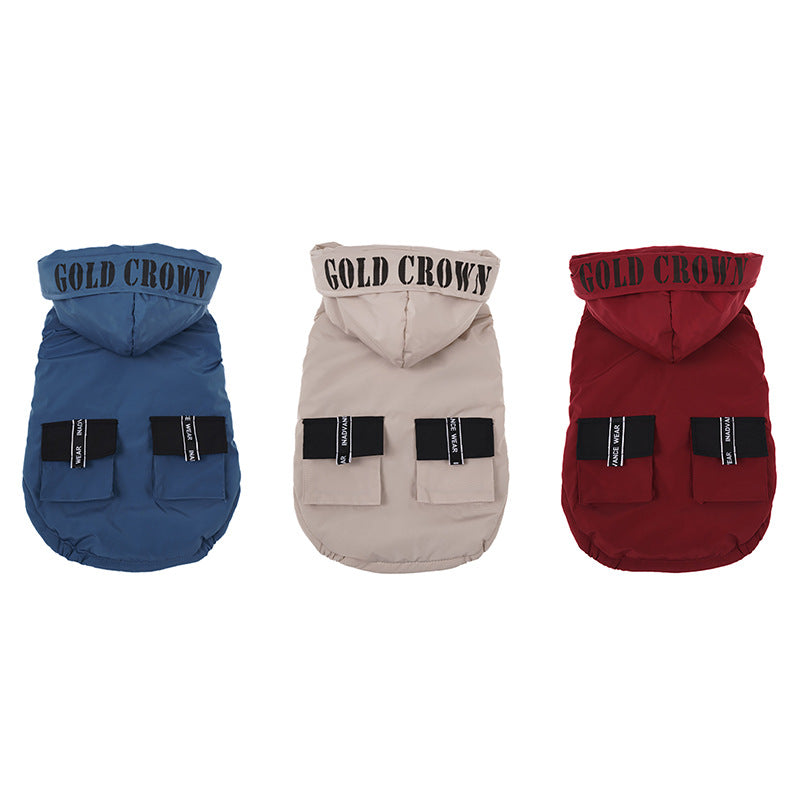 KFX-5456573 Cozy Cotton Hooded Pet Dress for Autumn and Winter in Lake Blue, Milky White, Brick Red