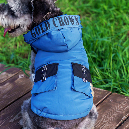 KFX-5456573 Cozy Cotton Hooded Pet Dress for Autumn and Winter in Lake Blue, Milky White, Brick Red