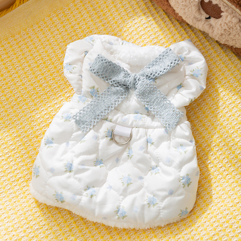 KFX-5466301 Winter Dog Dress with Bow Decoration and Flannel Lining for Small Dogs