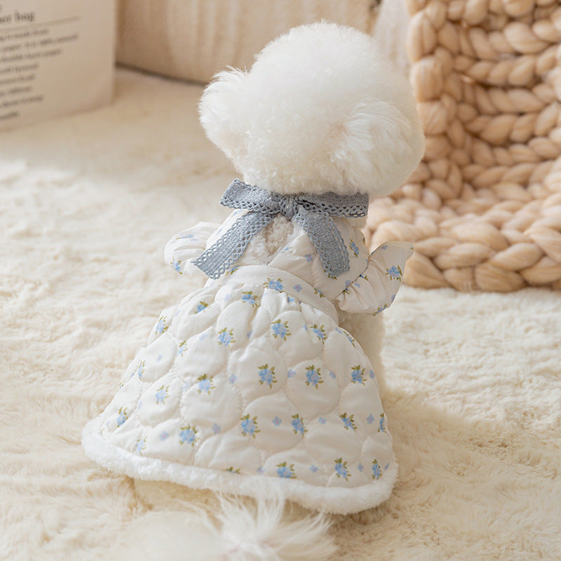 KFX-5466301 Winter Dog Dress with Bow Decoration and Flannel Lining for Small Dogs