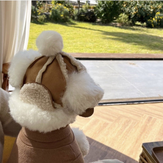 KFX-5466557 Fleece-Lined Thermal Windproof Lamb Fur Pet Hat - Monochrome, Sizes S and M