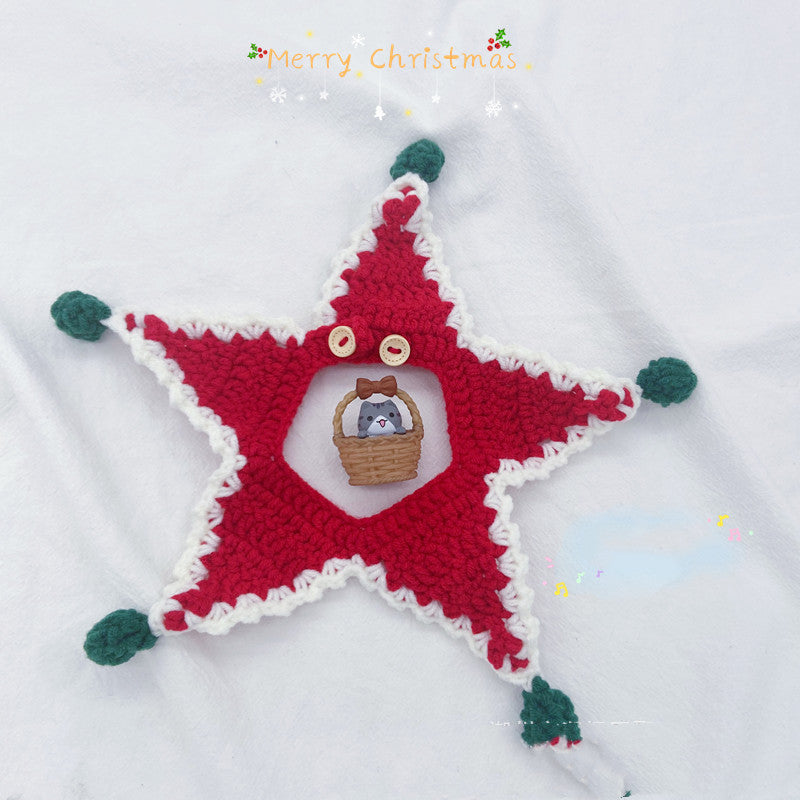 KFX-5469501 Christmas Wool Knitted Collar for Pets - Red and Green Star Pattern, Sizes XS to L