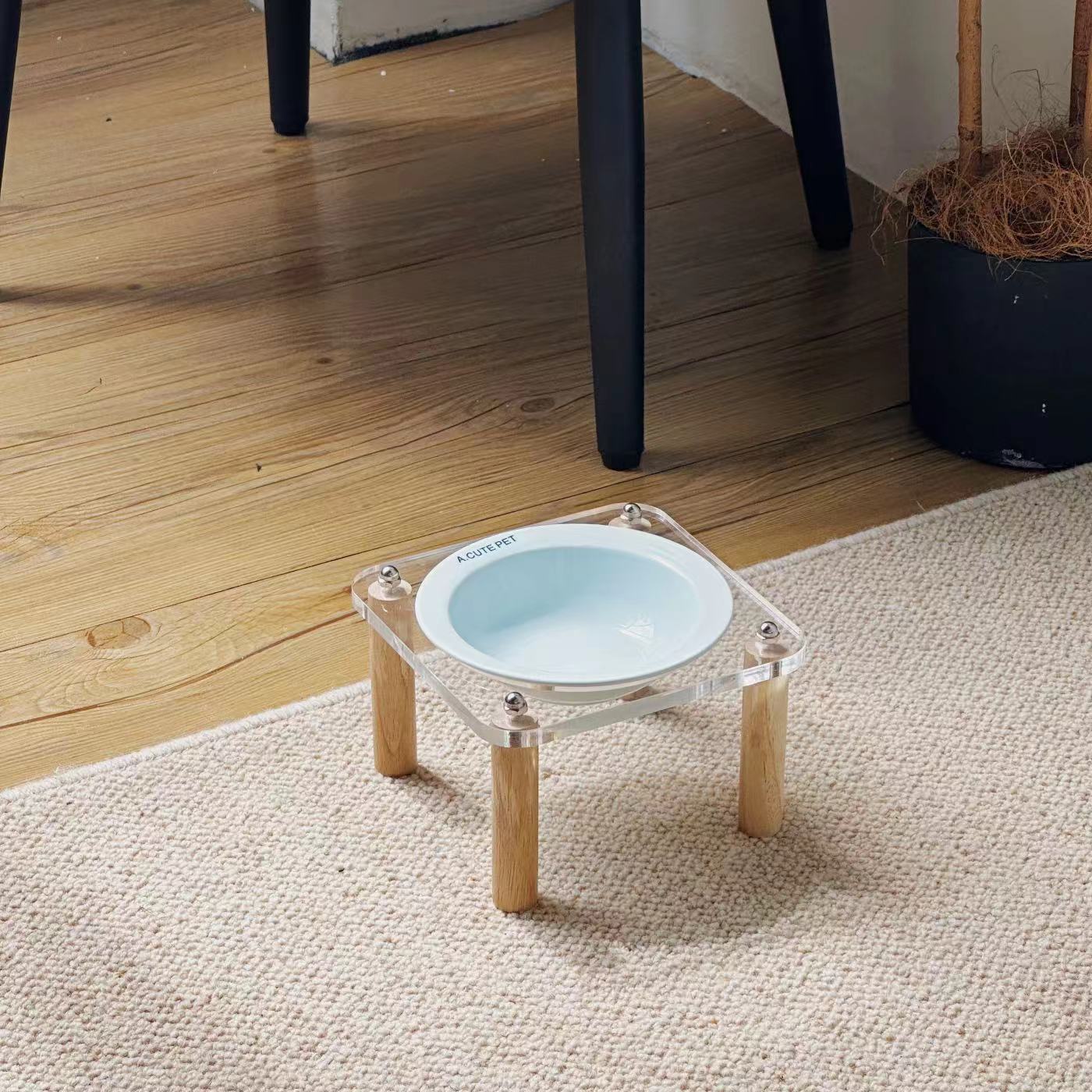 KFX-5471293 Elevated Ceramic Cat Bowl and Dog Basin with Wooden Rack – Anti-Tumble Design in Various Colors