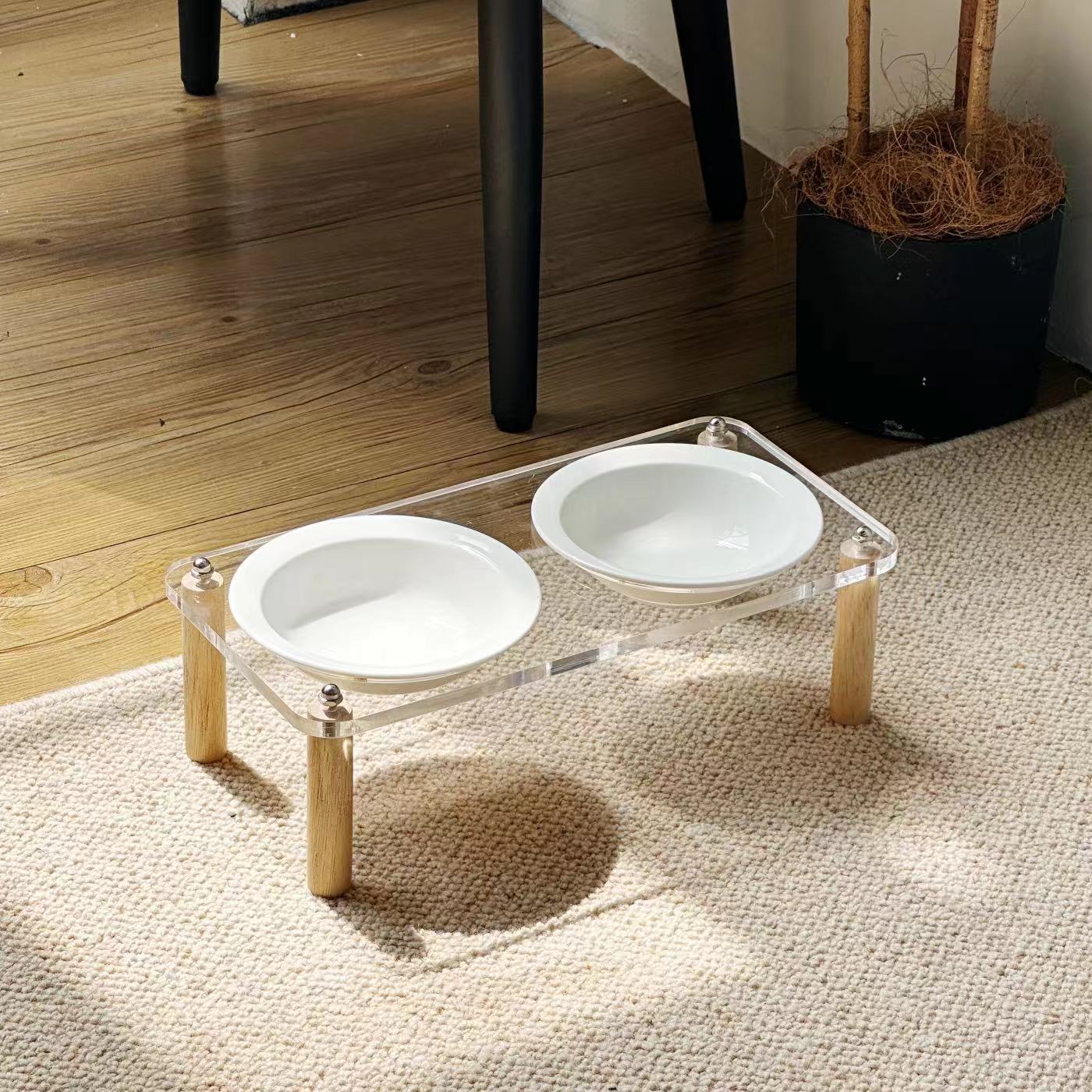 KFX-5471293 Elevated Ceramic Cat Bowl and Dog Basin with Wooden Rack – Anti-Tumble Design in Various Colors