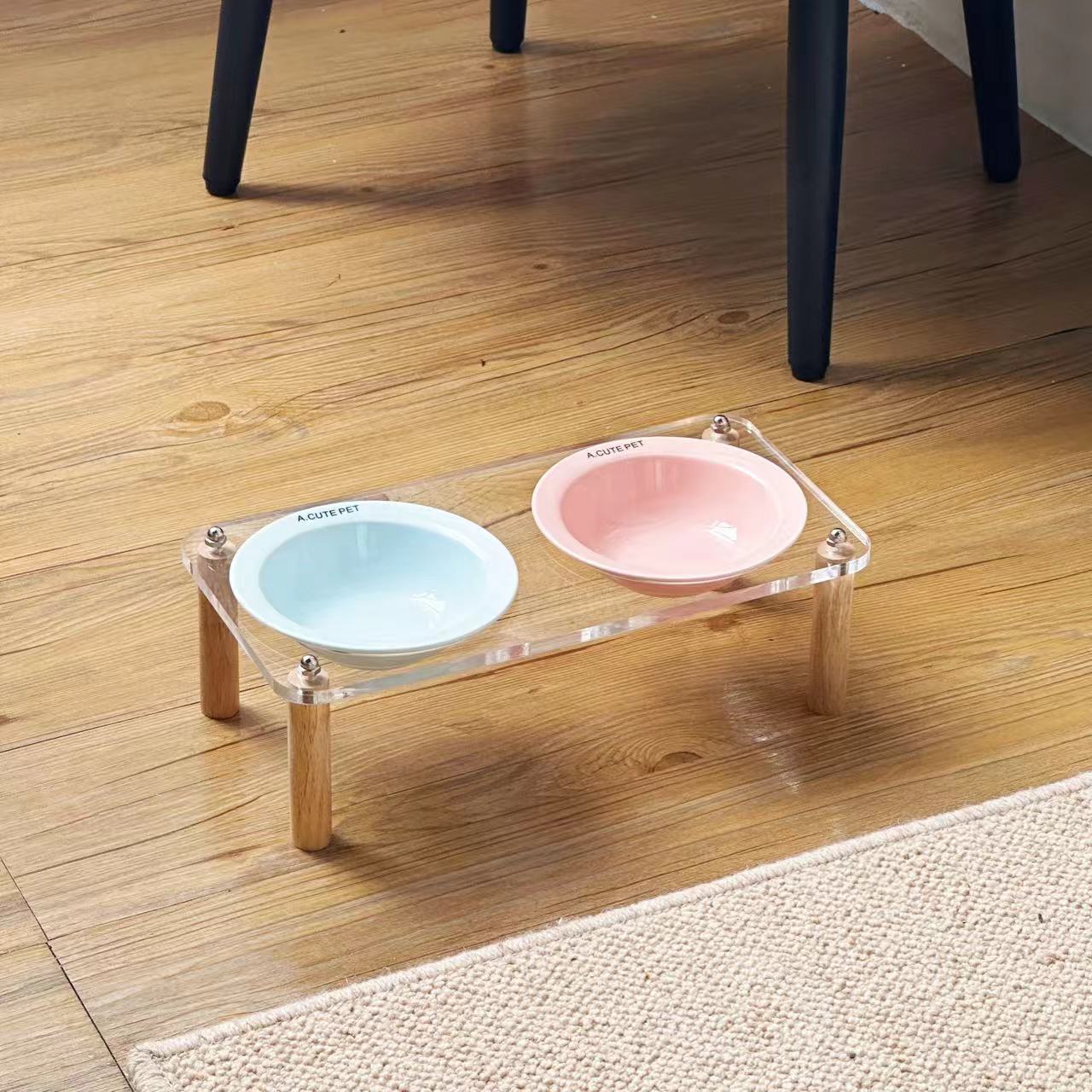 KFX-5471293 Elevated Ceramic Cat Bowl and Dog Basin with Wooden Rack – Anti-Tumble Design in Various Colors