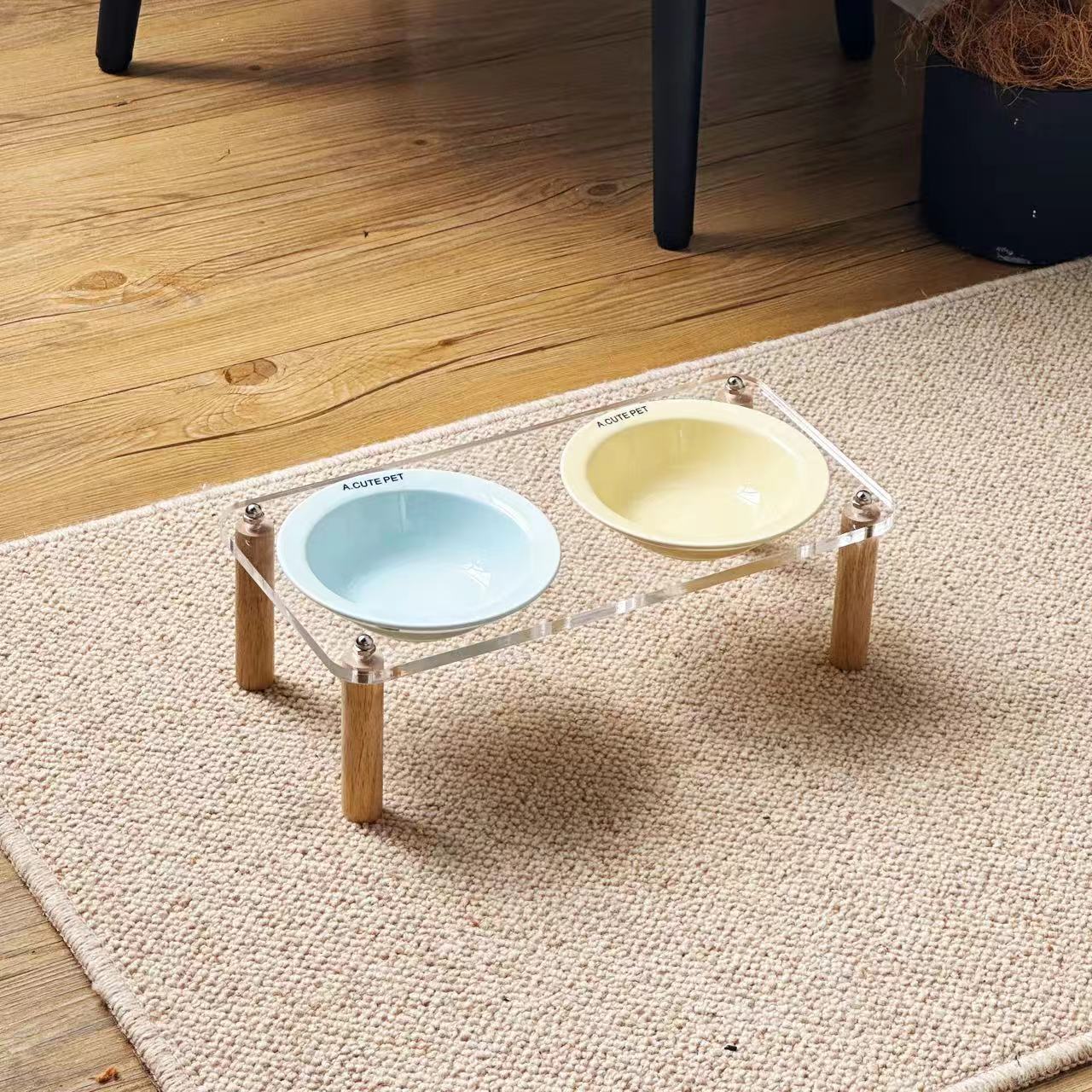 KFX-5471293 Elevated Ceramic Cat Bowl and Dog Basin with Wooden Rack – Anti-Tumble Design in Various Colors