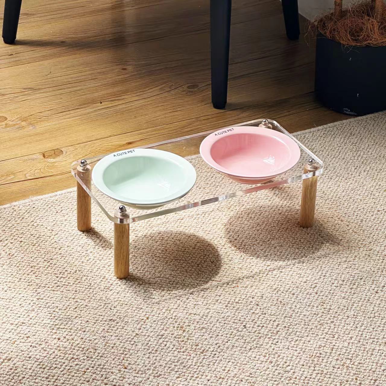 KFX-5471293 Elevated Ceramic Cat Bowl and Dog Basin with Wooden Rack – Anti-Tumble Design in Various Colors