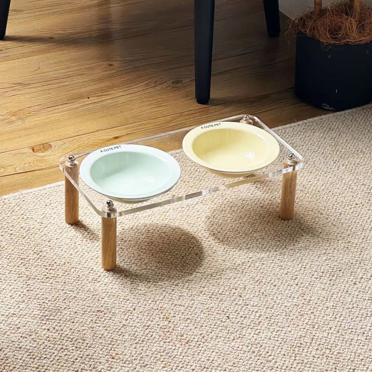 KFX-5471293 Elevated Ceramic Cat Bowl and Dog Basin with Wooden Rack – Anti-Tumble Design in Various Colors