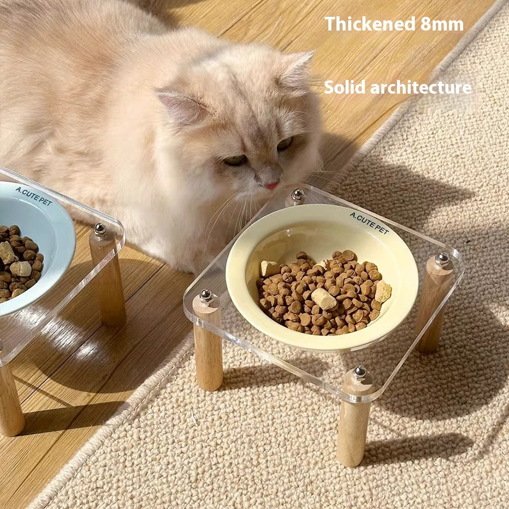 KFX-5471293 Elevated Ceramic Cat Bowl and Dog Basin with Wooden Rack – Anti-Tumble Design in Various Colors