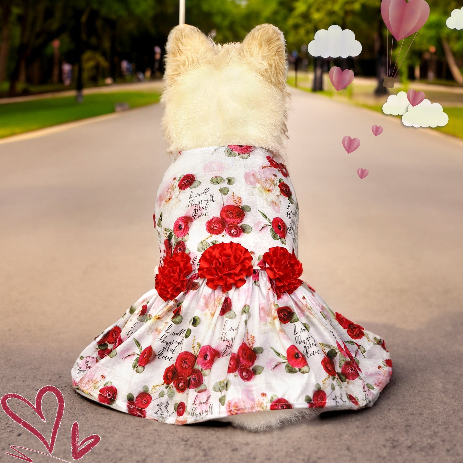 KFX-5474877 Cute Printed Skirt for Dogs and Cats in Pink Love Heart, Red Rose, and Rose Red Cherry