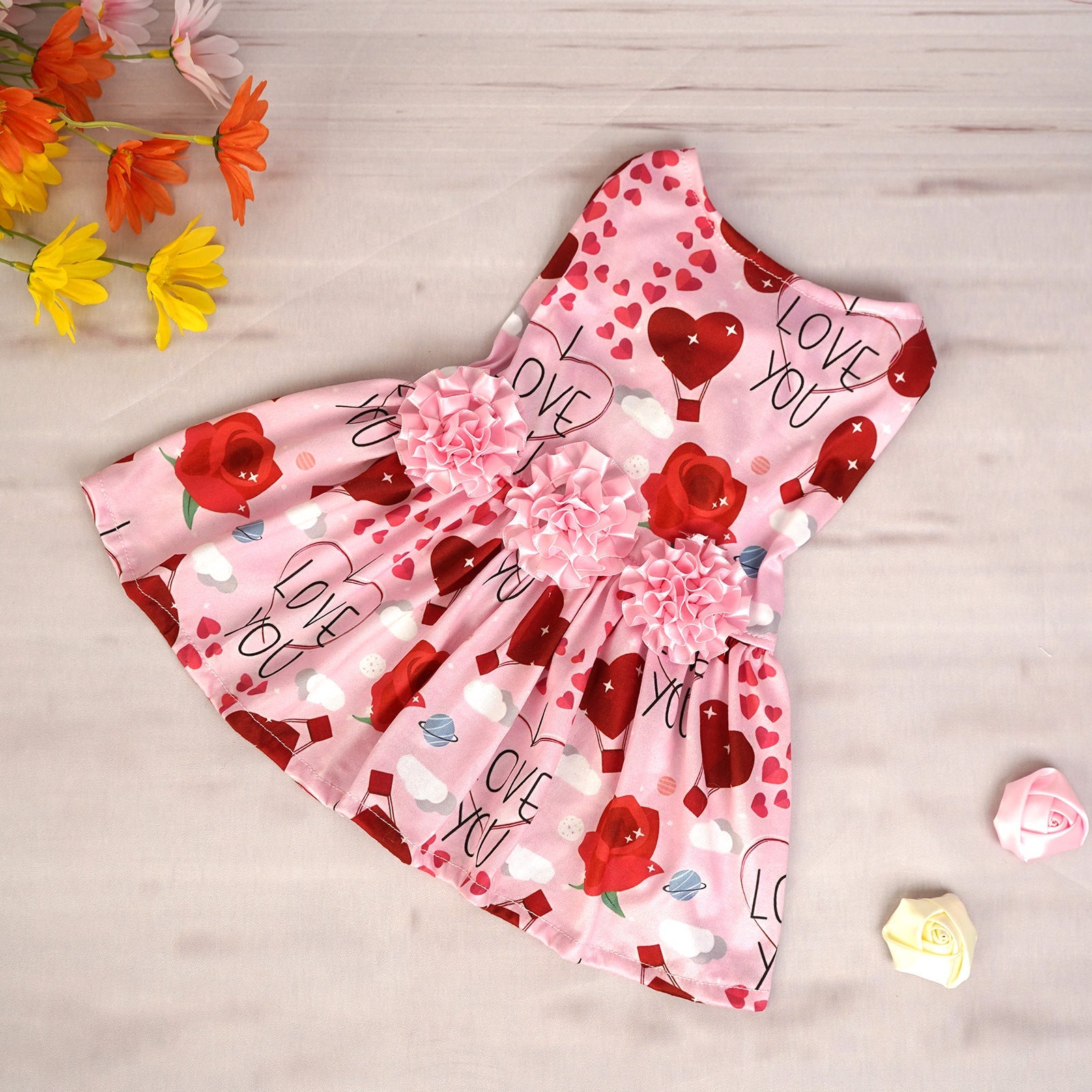 KFX-5474877 Cute Printed Skirt for Dogs and Cats in Pink Love Heart, Red Rose, and Rose Red Cherry