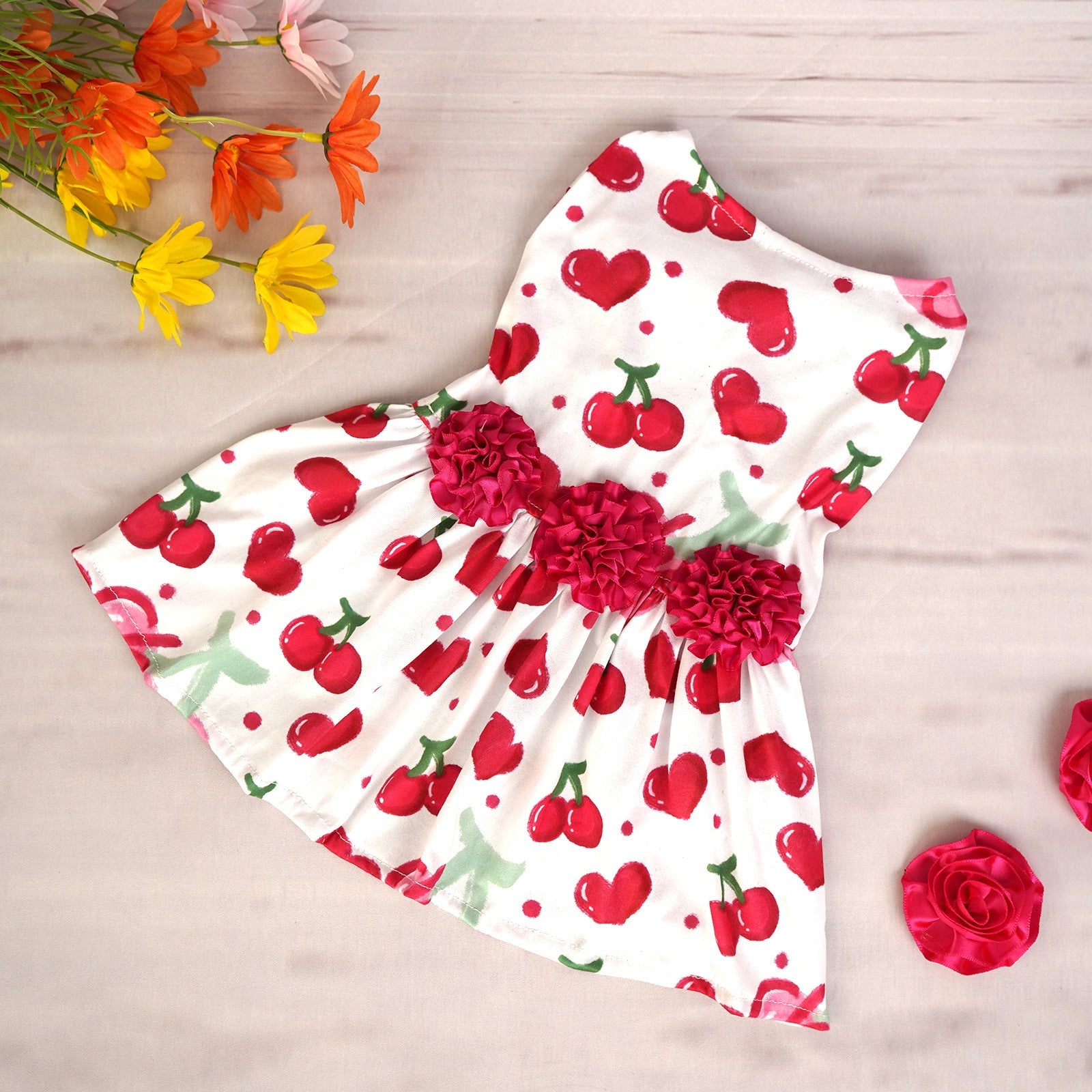 KFX-5474877 Cute Printed Skirt for Dogs and Cats in Pink Love Heart, Red Rose, and Rose Red Cherry