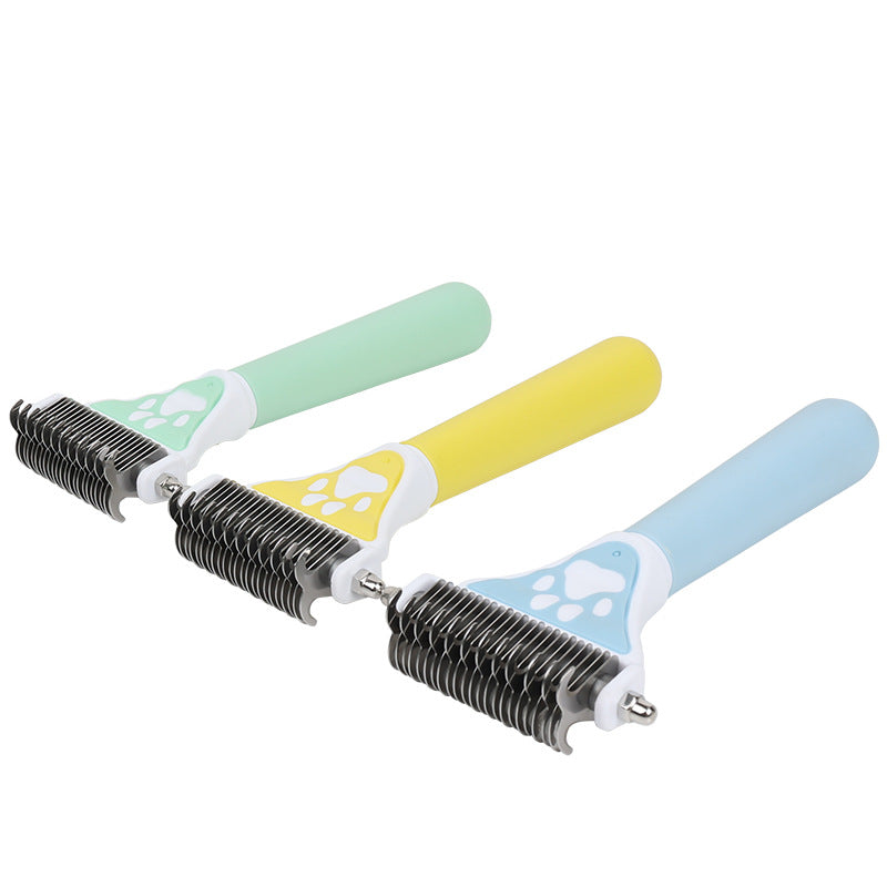 KFX-5478845 Pet Knot Untying Comb for Dogs and Cats - Durable Plastic and Metal Design in Yellow and Green