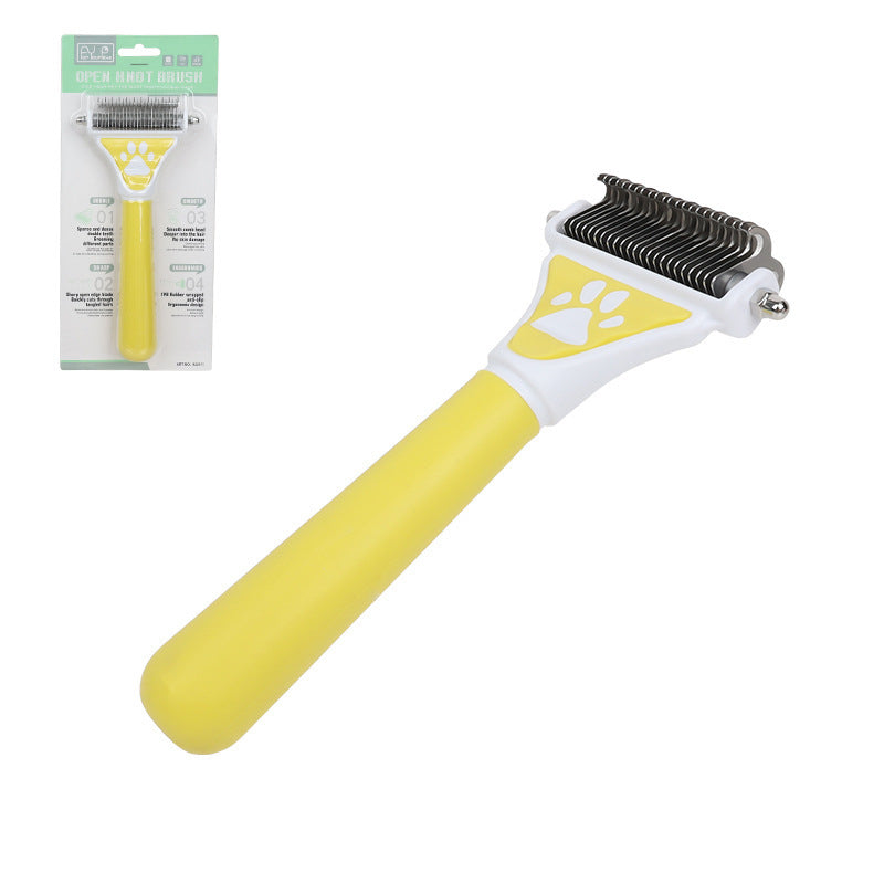 KFX-5478845 Pet Knot Untying Comb for Dogs and Cats - Durable Plastic and Metal Design in Yellow and Green