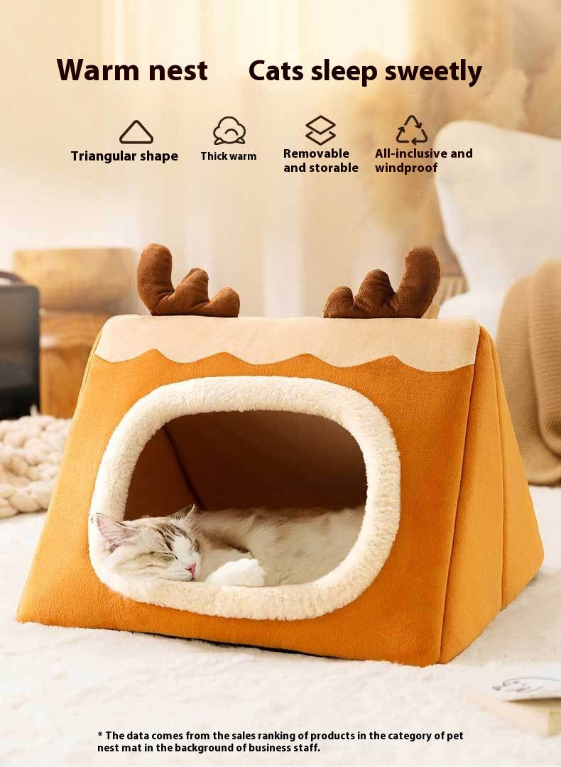 KFX-5494589 Cozy Triangle Elk Cat Nest for Autumn & Winter - Multiple Sizes Available