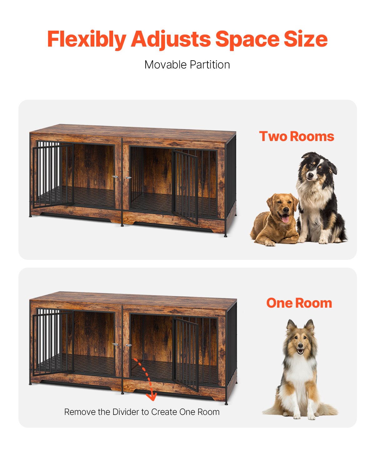 KFX-5498173 Indoor Wooden Dog Kennel with Divider and Dual Door Design for Two Dogs, 75 Inches