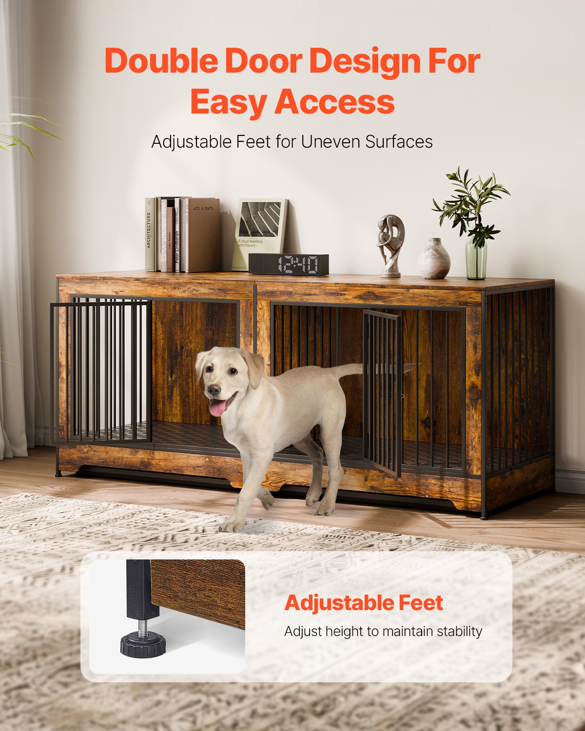 KFX-5498173 Indoor Wooden Dog Kennel with Divider and Dual Door Design for Two Dogs, 75 Inches