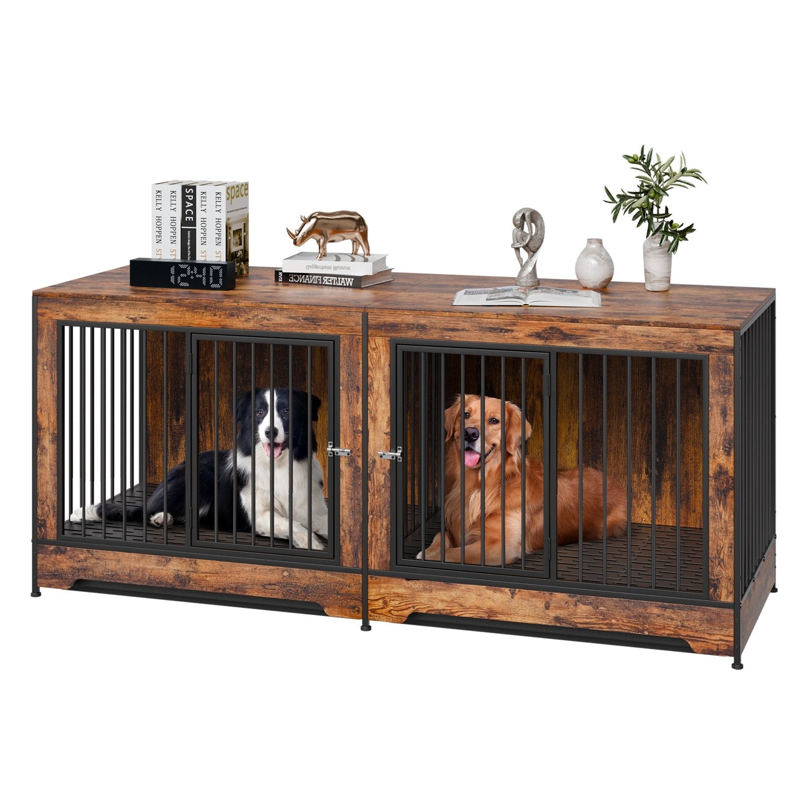 KFX-5498173 Indoor Wooden Dog Kennel with Divider and Dual Door Design for Two Dogs, 75 Inches