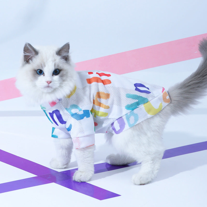 KFX-5500093 Breathable Cartoon Mesh Vest for Cats - Anti Hair Loss, Cute Design, Multiple Sizes Available