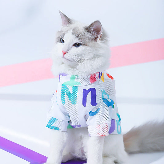 KFX-5500093 Breathable Cartoon Mesh Vest for Cats - Anti Hair Loss, Cute Design, Multiple Sizes Available