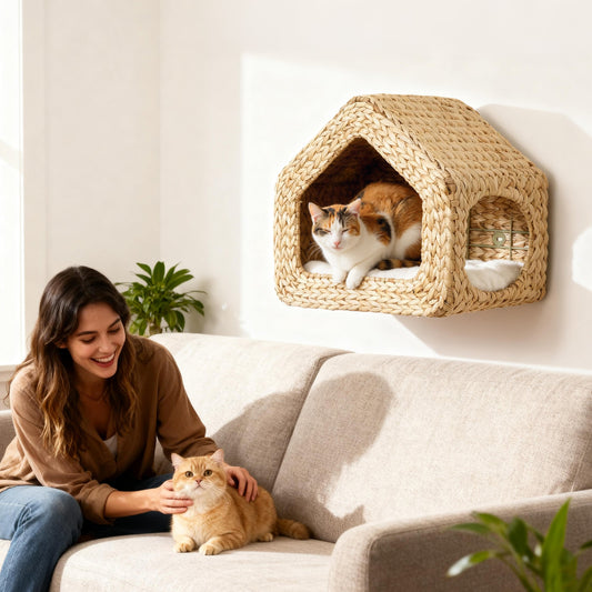 KFX-5509309 Wall-Mounted Cat House with Washable Cushion, Chic Seagrass Design for Small Spaces