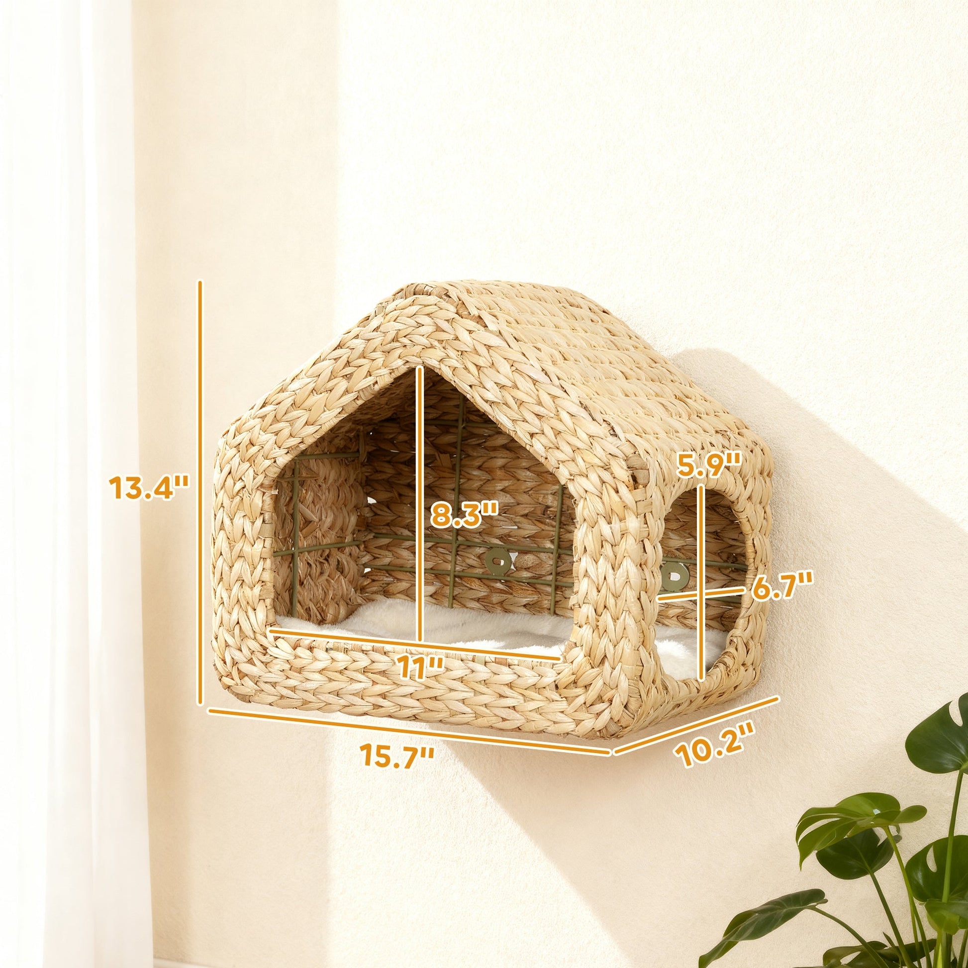 KFX-5509309 Wall-Mounted Cat House with Washable Cushion, Chic Seagrass Design for Small Spaces