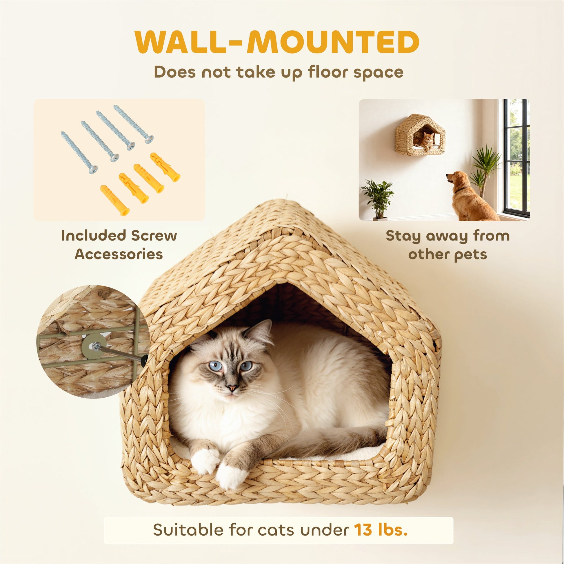 KFX-5509309 Wall-Mounted Cat House with Washable Cushion, Chic Seagrass Design for Small Spaces